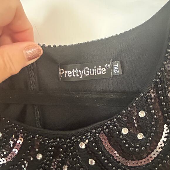 Pretty Guide 2XL Black Bead Silver Sequin Dress Cap Sleeve Fringe Bottom Lined - Picture 2 of 16